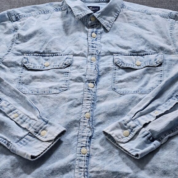 American Eagle Shirt Mens L Blue Collared Button Up LS Denim Faded Hippie Grunge - Picture 10 of 16